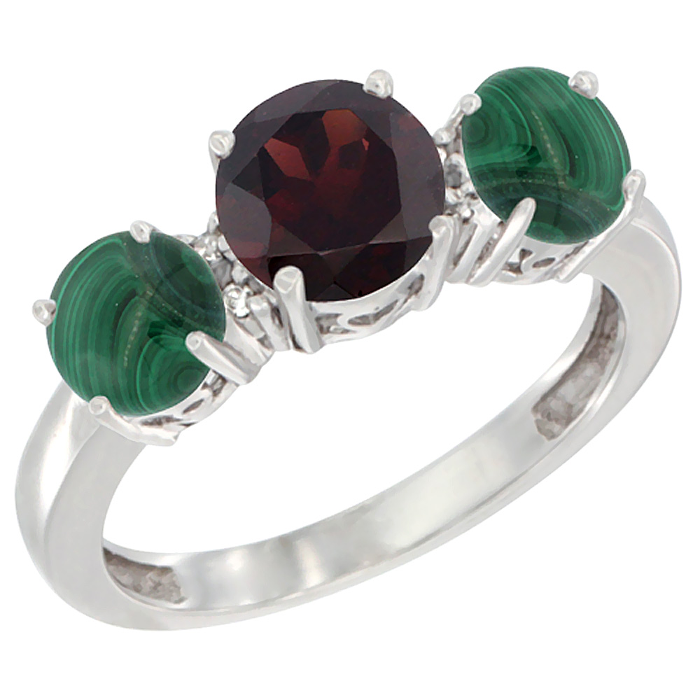 10K White Gold Round 3-Stone Natural Garnet Ring &amp; Malachite Sides Diamond Accent, sizes 5 - 10