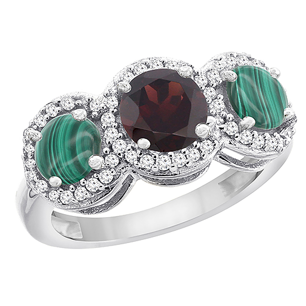 14K White Gold Natural Garnet & Malachite Sides Round 3-stone Ring Diamond Accents, sizes 5 - 10