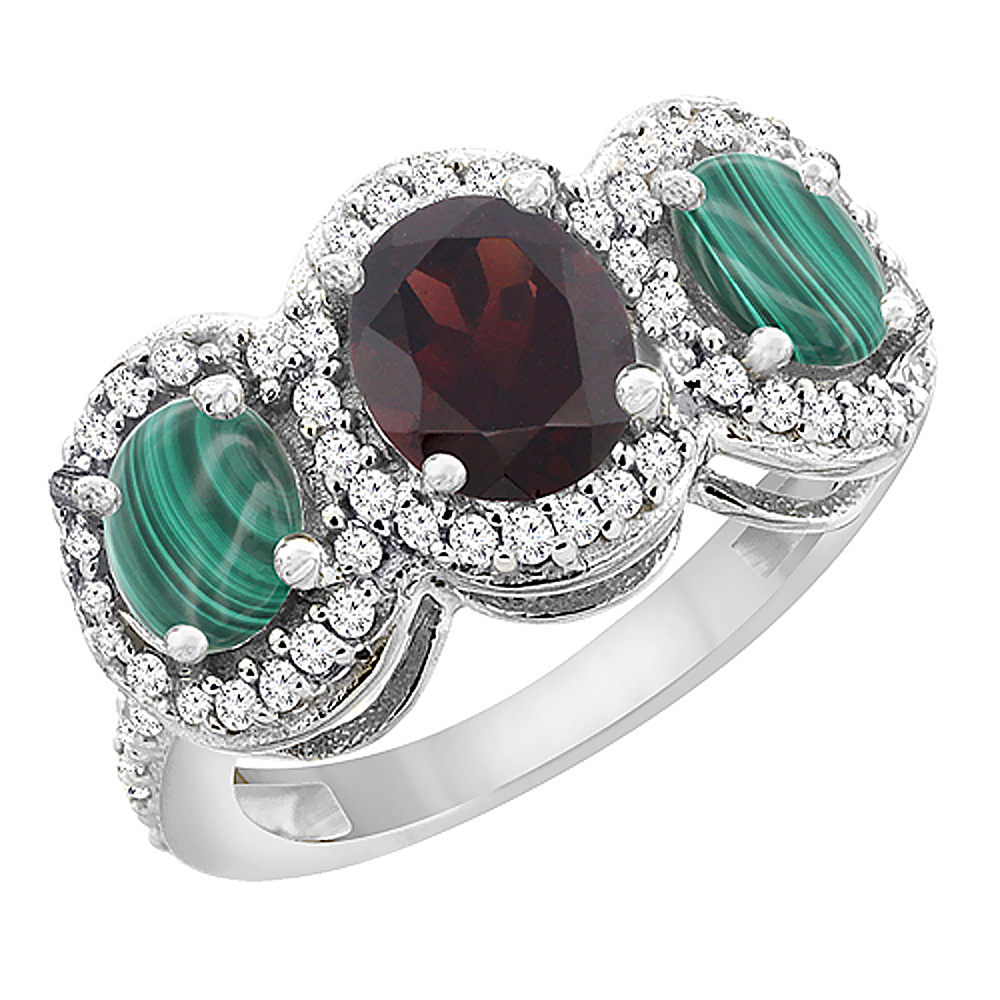 14K White Gold Natural Garnet & Malachite 3-Stone Ring Oval Diamond Accent, sizes 5 - 10