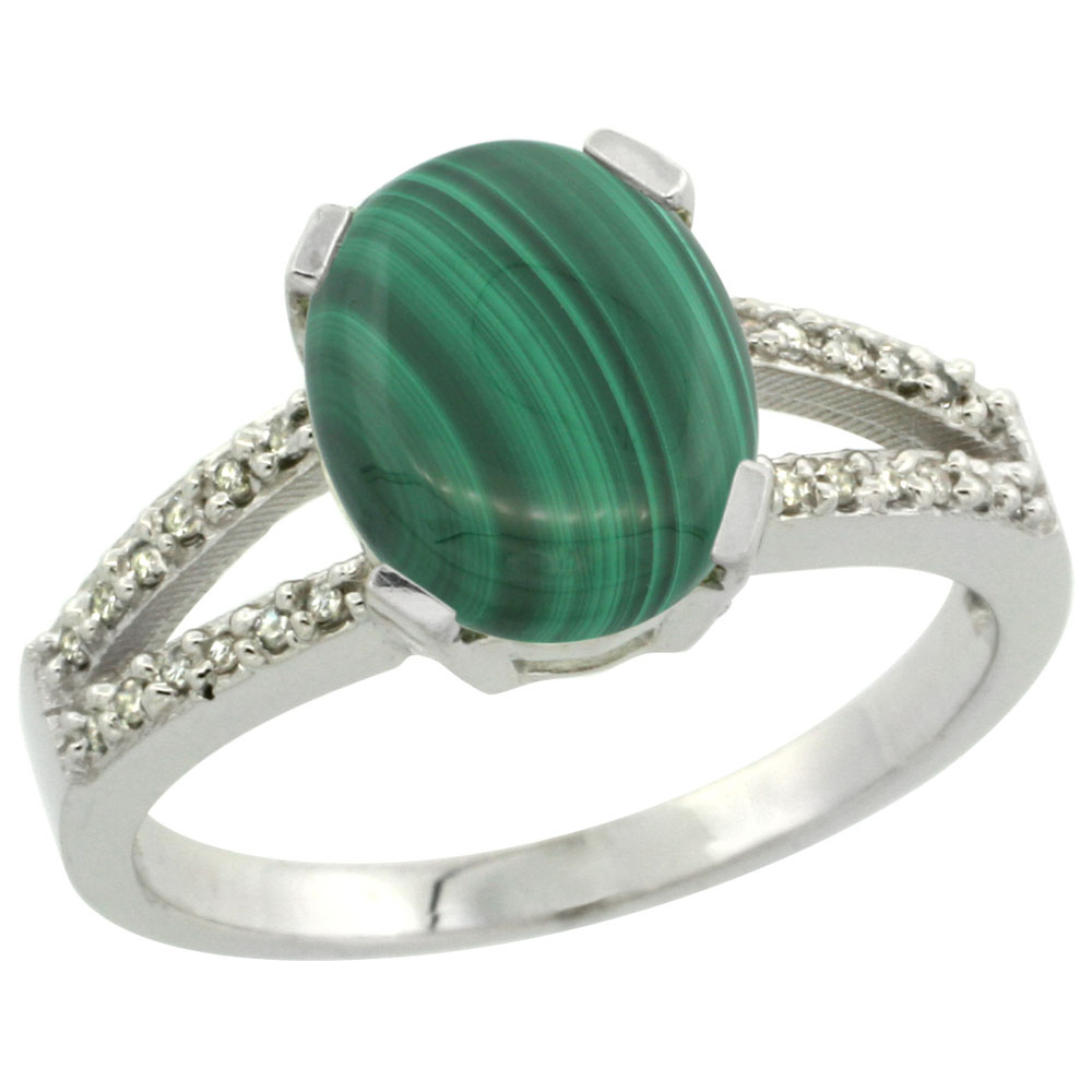 10K White Gold Diamond Natural Malachite Engagement Ring Oval 10x8mm, sizes 5-10