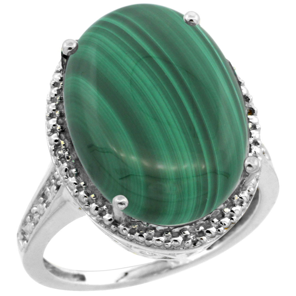 10K White Gold Diamond Natural Malachite Ring Oval 18x13mm, sizes 5-10