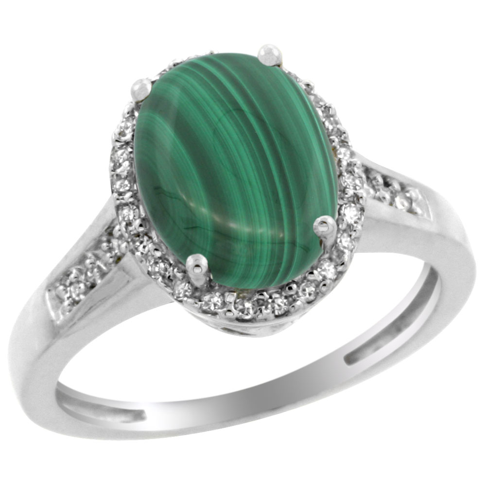 10K White Gold Diamond Natural Malachite Engagement Ring Oval 10x8mm, sizes 5-10