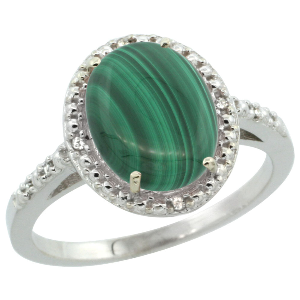 10K White Gold Diamond Natural Malachite Engagement Ring Oval 10x8mm, sizes 5-10