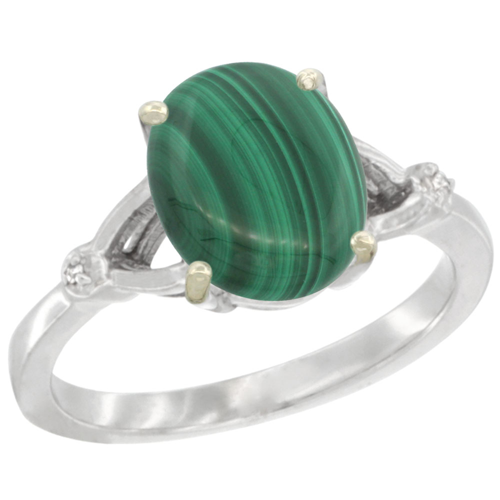 10K White Gold Diamond Natural Malachite Engagement Ring Oval 10x8mm, sizes 5-10