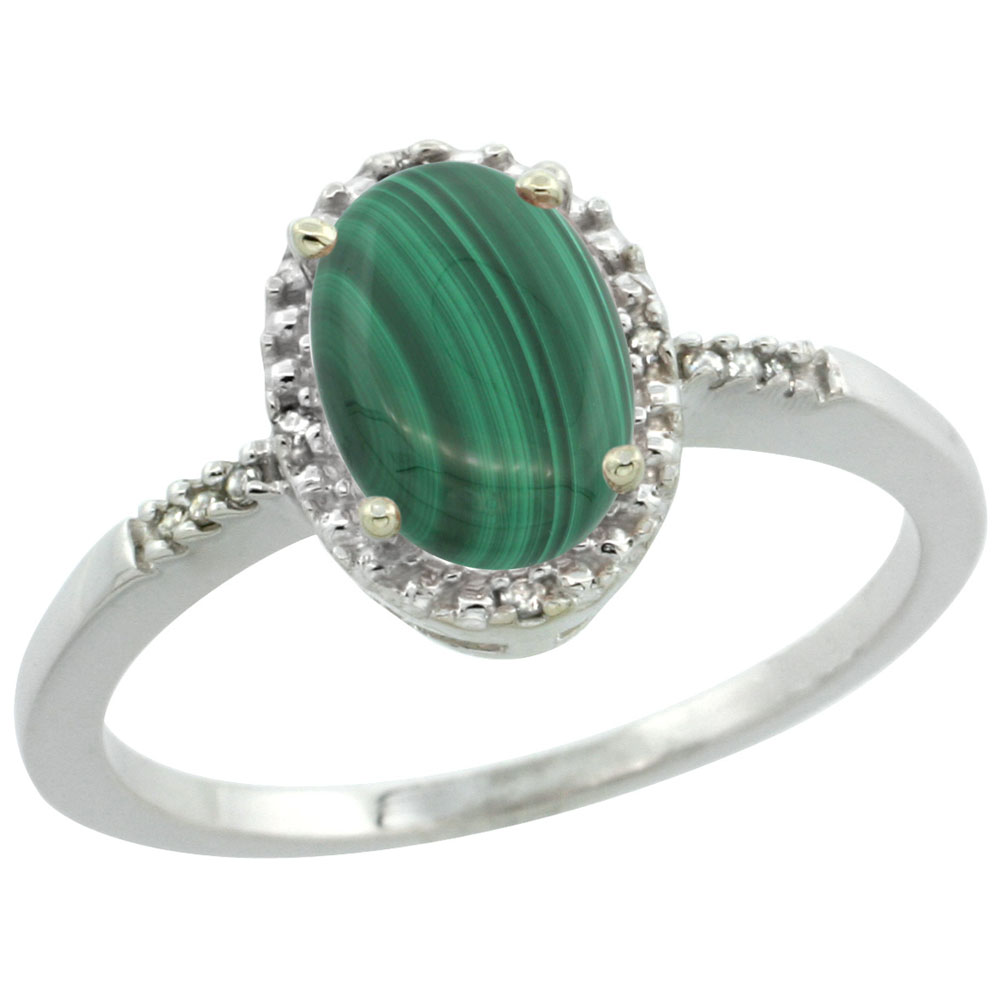 10K White Gold Diamond Natural Malachite Ring Oval 8x6mm, sizes 5-10