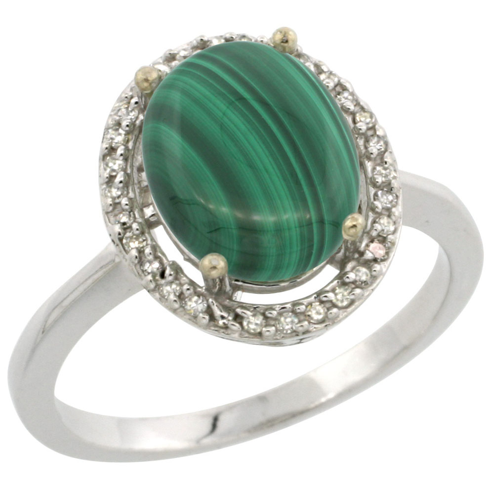 14K White Gold Diamond Natural Malachite Engagement Ring Oval 10x8mm, sizes 5-10