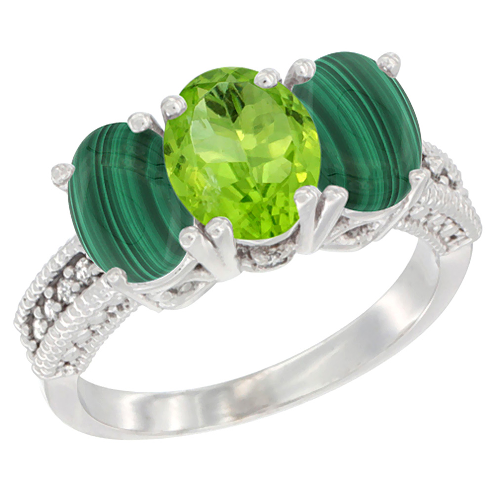 14K White Gold Natural Peridot Ring with Malachite 3-Stone 7x5 mm Oval Diamond Accent, sizes 5 - 10