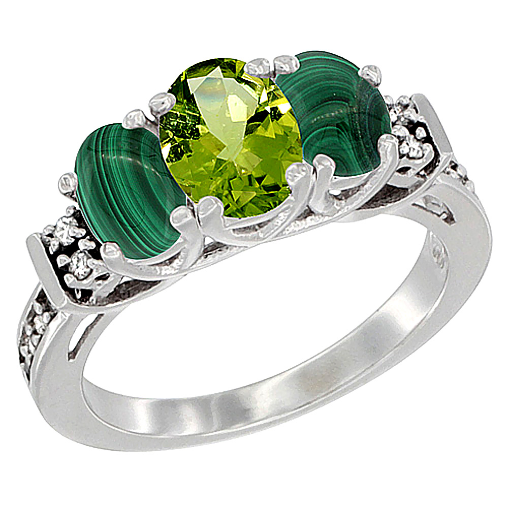 14K White Gold Natural Peridot &amp; Malachite Ring 3-Stone Oval Diamond Accent, sizes 5-10