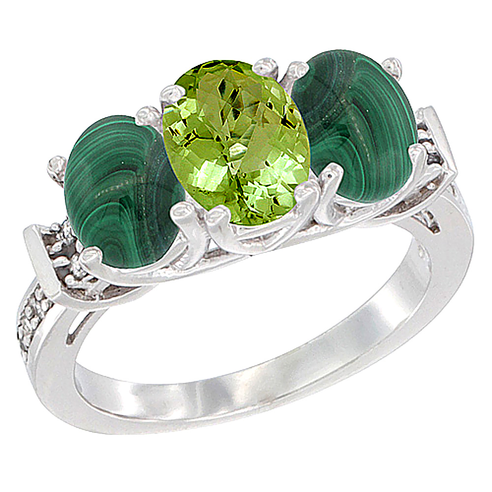 14K White Gold Natural Peridot &amp; Malachite Sides Ring 3-Stone Oval Diamond Accent, sizes 5 - 10