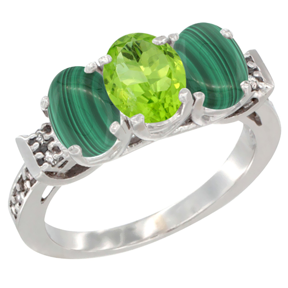 10K White Gold Natural Peridot & Malachite Sides Ring 3-Stone Oval 7x5 mm Diamond Accent, sizes 5 - 10