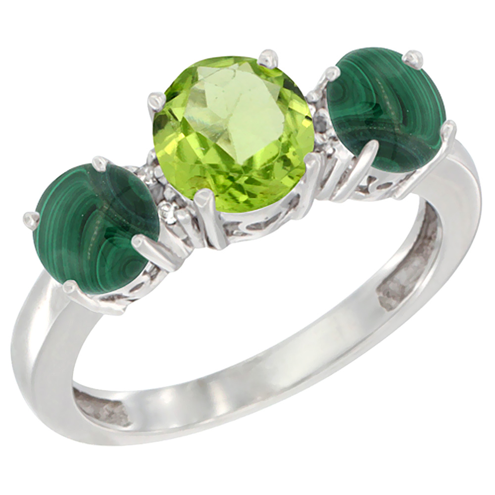 14K White Gold Round 3-Stone Natural Peridot Ring & Malachite Sides Diamond Accent, sizes 5 - 10