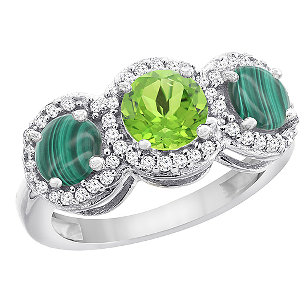 14K White Gold Natural Peridot & Malachite Sides Round 3-stone Ring Diamond Accents, sizes 5 - 10