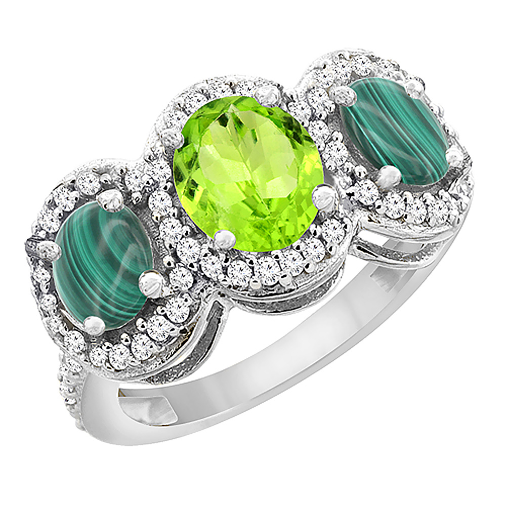 14K White Gold Natural Peridot & Malachite 3-Stone Ring Oval Diamond Accent, sizes 5 - 10