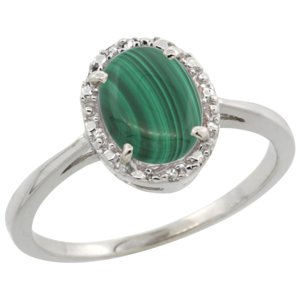 14K White Gold Natural Malachite Ring Oval 8x6 mm Diamond Halo, sizes 5-10