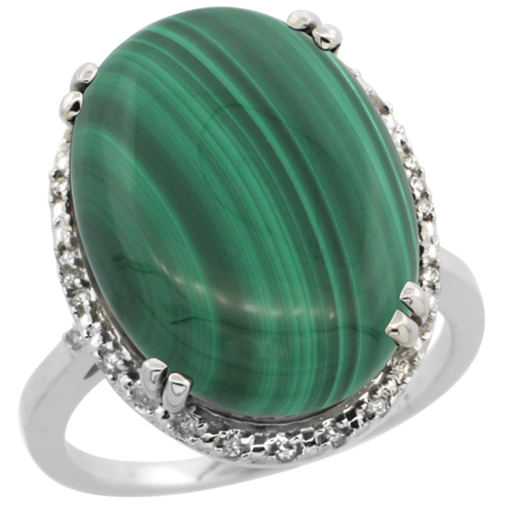 10k White Gold Natural Malachite Ring Large Oval 18x13mm Diamond Halo, sizes 5-10