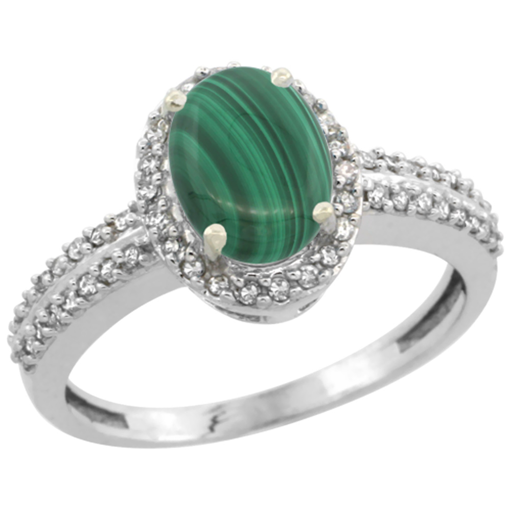 10k White Gold Natural Malachite Ring Oval 8x6mm Diamond Halo, sizes 5-10