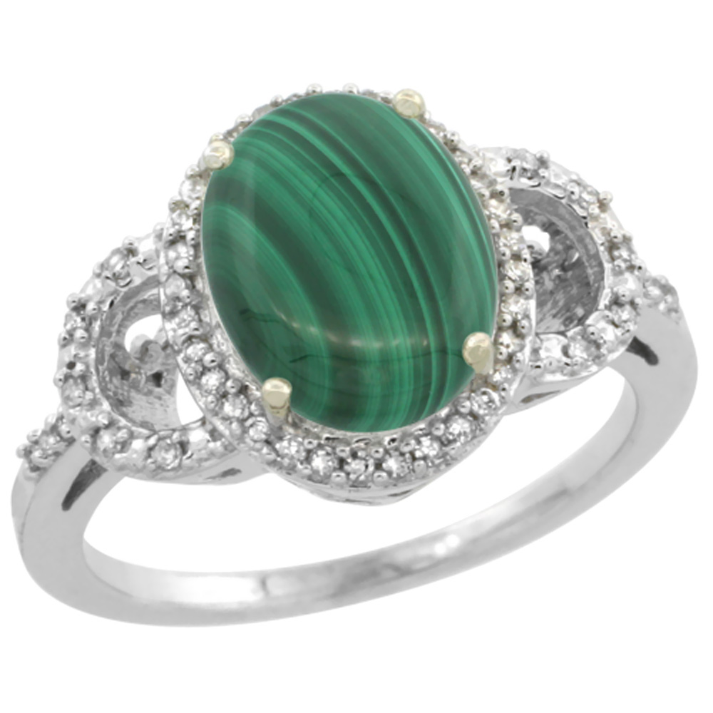 10K White Gold Diamond Natural Malachite Engagement Ring Oval 10x8mm, sizes 5-10