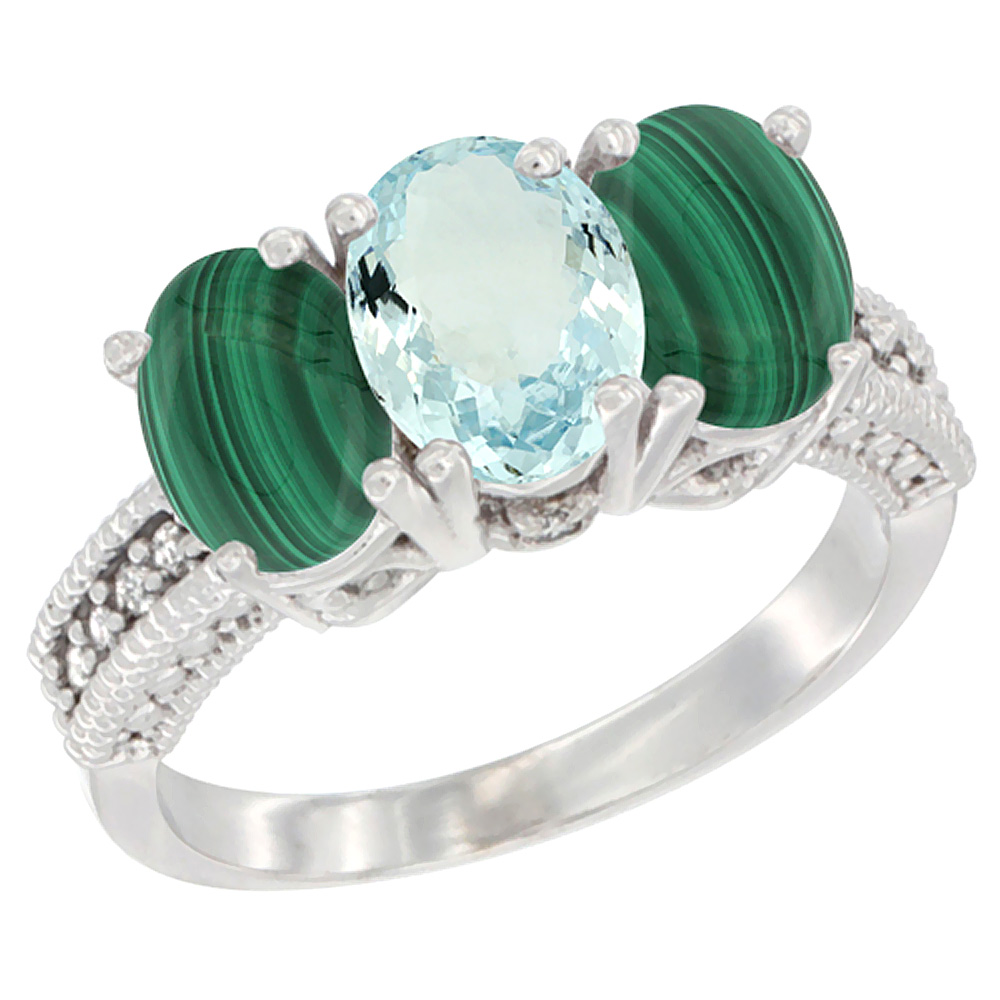 14K White Gold Natural Aquamarine Ring with Malachite 3-Stone 7x5 mm Oval Diamond Accent, sizes 5 - 10