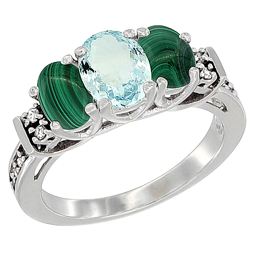 10K White Gold Natural Aquamarine &amp; Malachite Ring 3-Stone Oval Diamond Accent, sizes 5-10