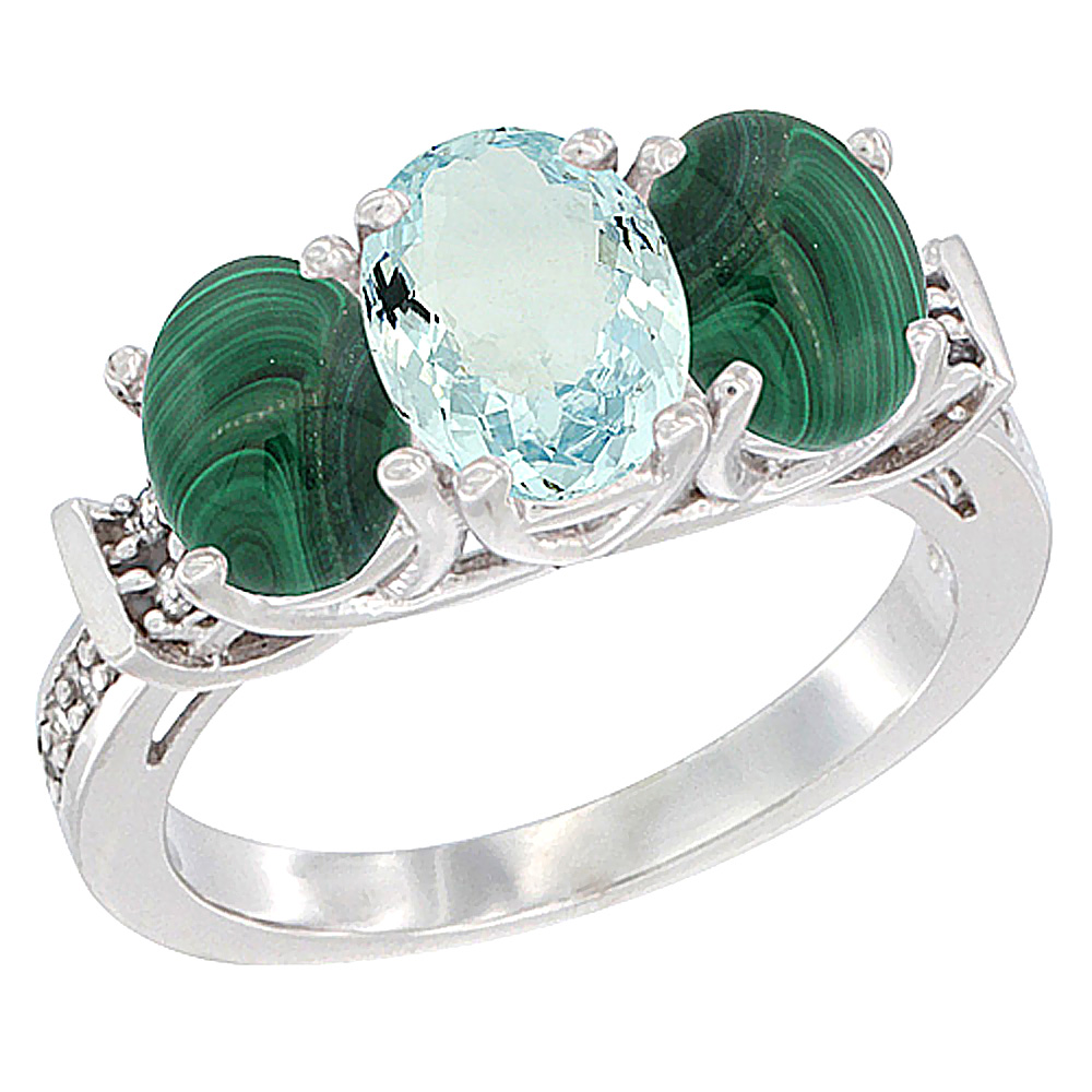 10K White Gold Natural Aquamarine & Malachite Sides Ring 3-Stone Oval Diamond Accent, sizes 5 - 10