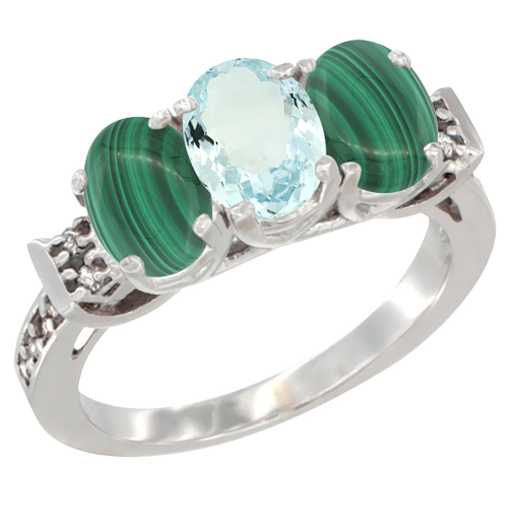 10K White Gold Natural Aquamarine & Malachite Sides Ring 3-Stone Oval 7x5 mm Diamond Accent, sizes 5 - 10