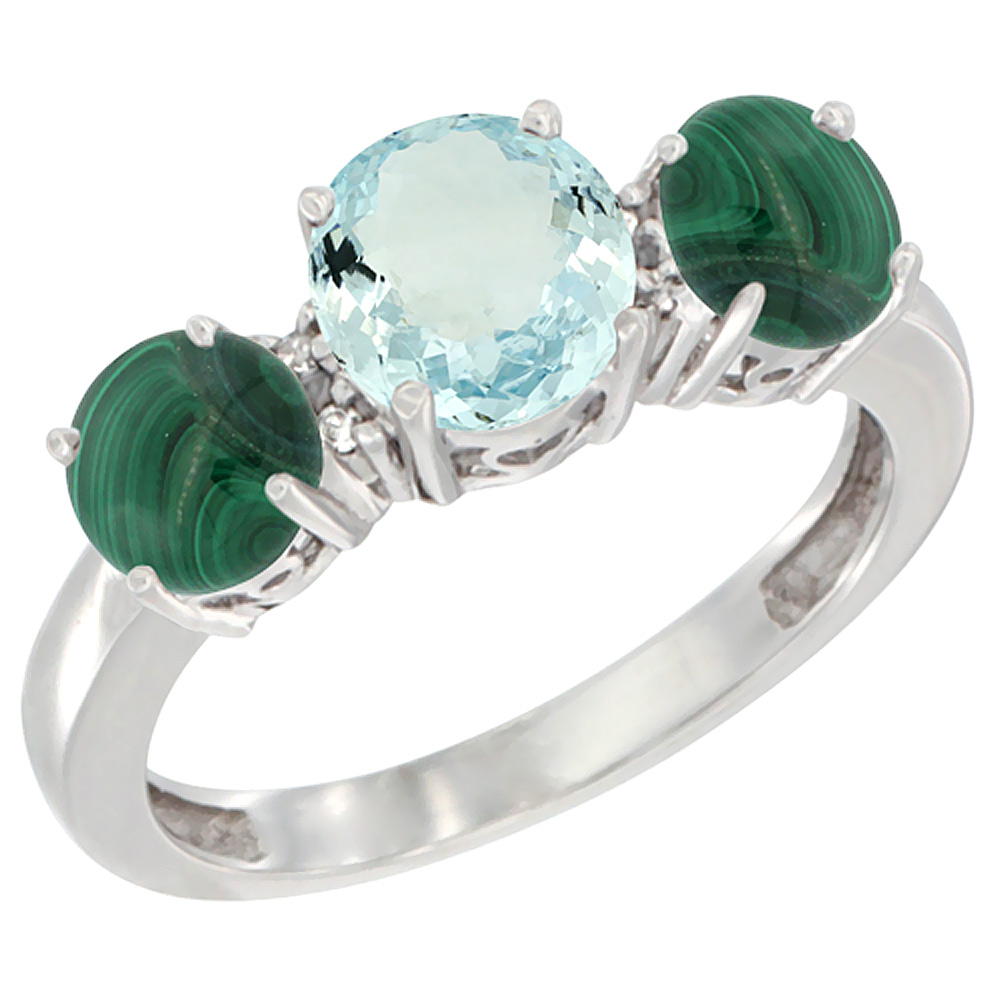 14K White Gold Round 3-Stone Natural Aquamarine Ring & Malachite Sides Diamond Accent, sizes 5 - 10