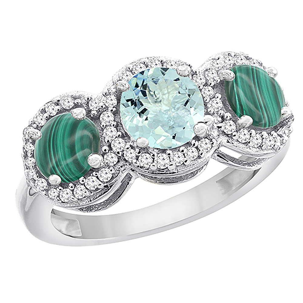 14K White Gold Natural Aquamarine &amp; Malachite Sides Round 3-stone Ring Diamond Accents, sizes 5 - 10