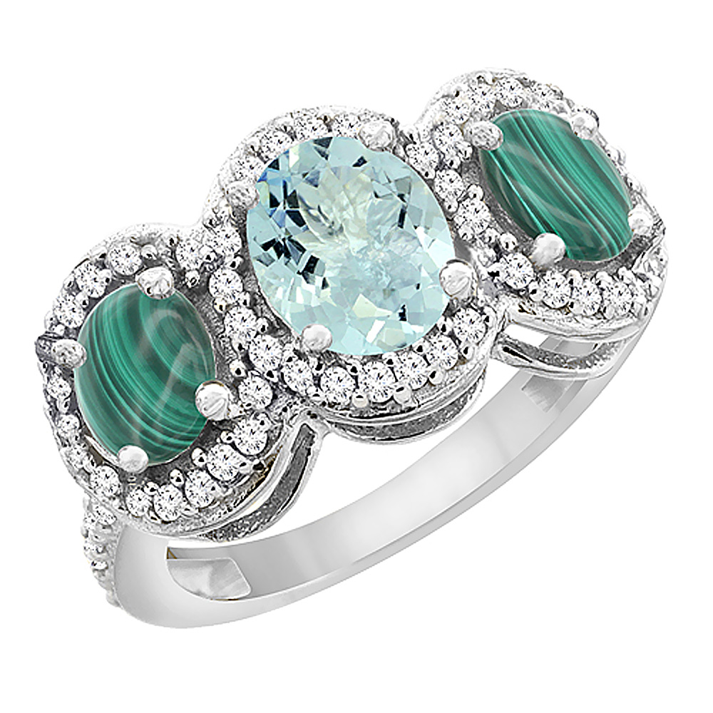 14K White Gold Natural Aquamarine & Malachite 3-Stone Ring Oval Diamond Accent, sizes 5 - 10