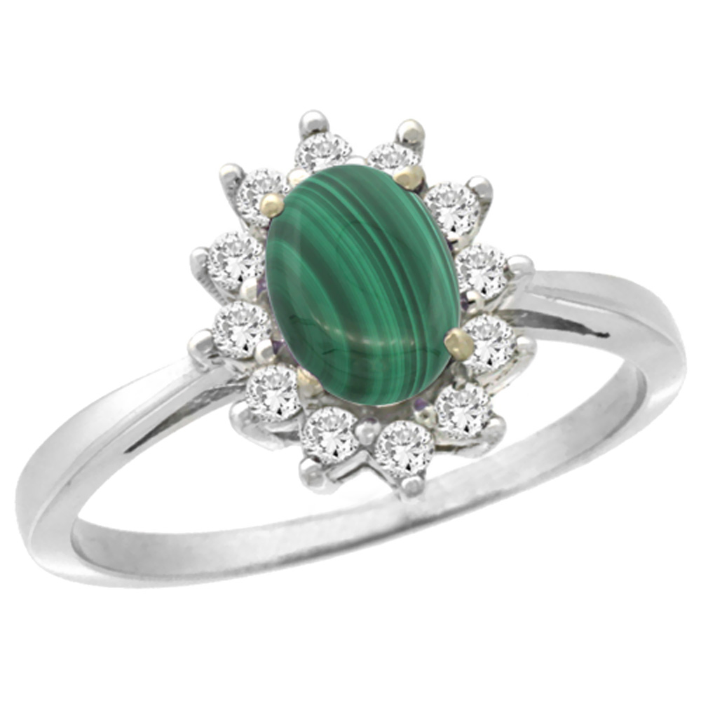 14K White Gold Natural Malachite Engagement Ring Oval 7x5mm Diamond Halo, sizes 5-10