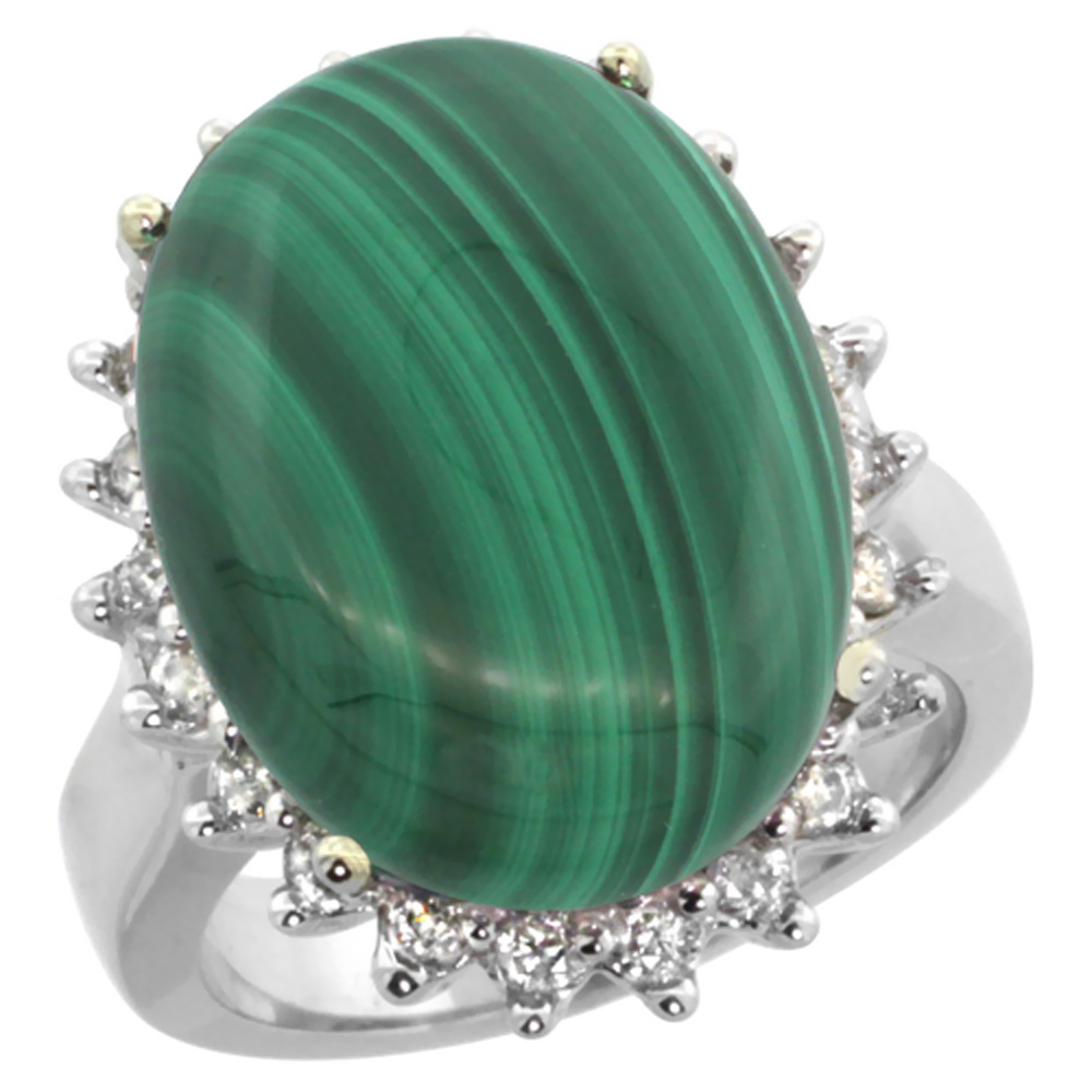 10k White Gold Diamond Halo Natural Malachite Ring Large Oval 18x13mm, sizes 5-10