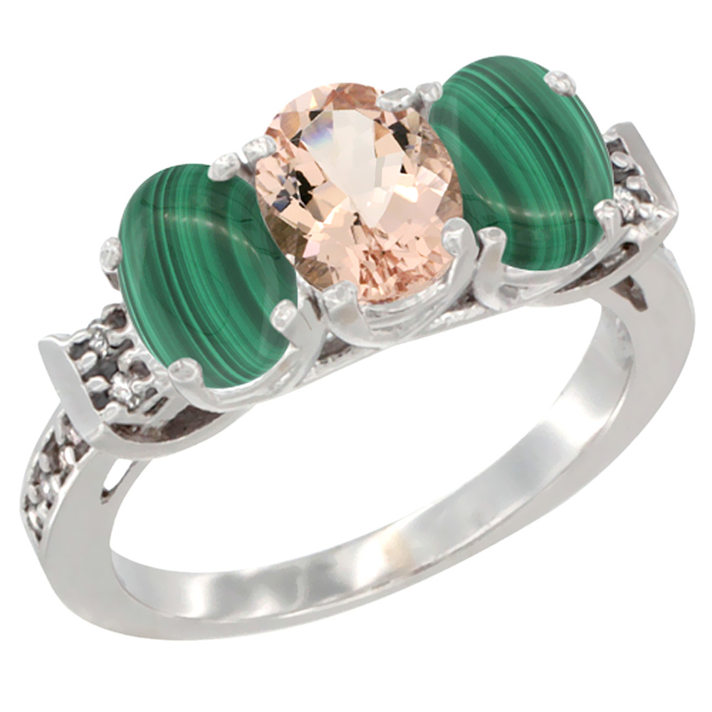 14K White Gold Natural Morganite & Malachite Ring 3-Stone 7x5 mm Oval Diamond Accent, sizes 5 - 10