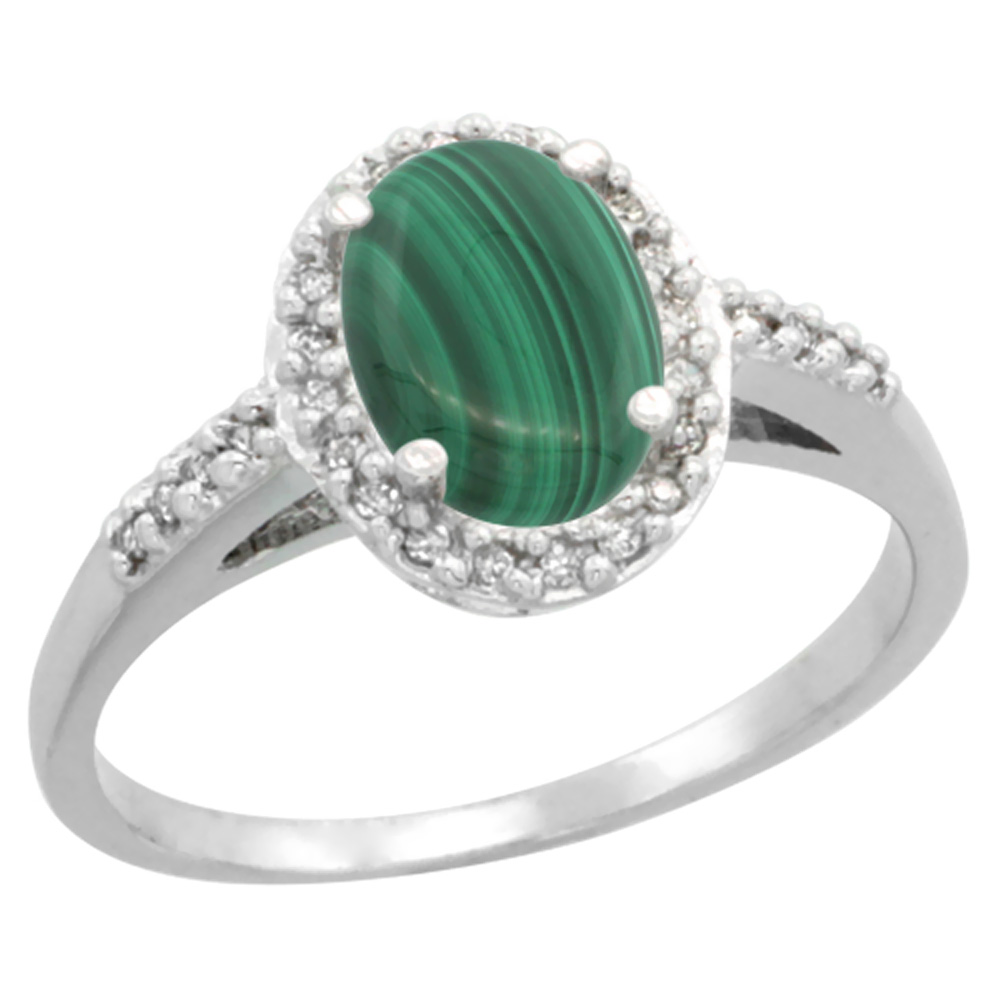 10K White Gold Diamond Natural Malachite Ring Oval 8x6mm, sizes 5-10