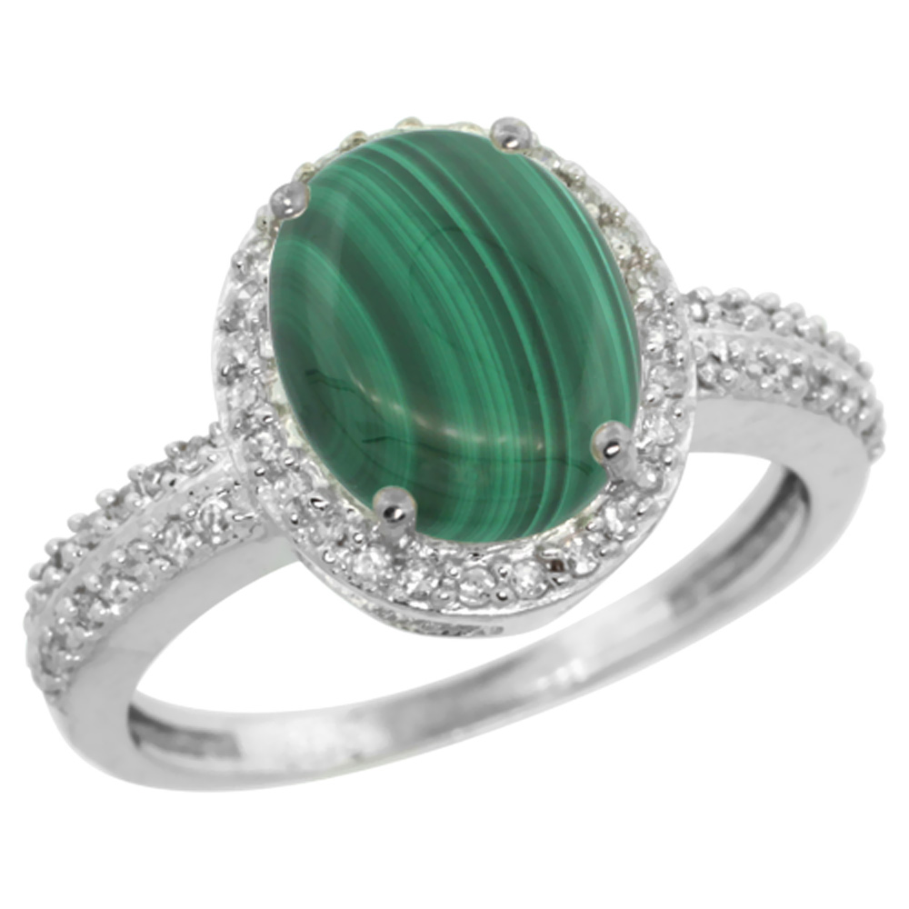 10K White Gold Diamond Natural Malachite Engagement Ring Oval 10x8mm, sizes 5-10