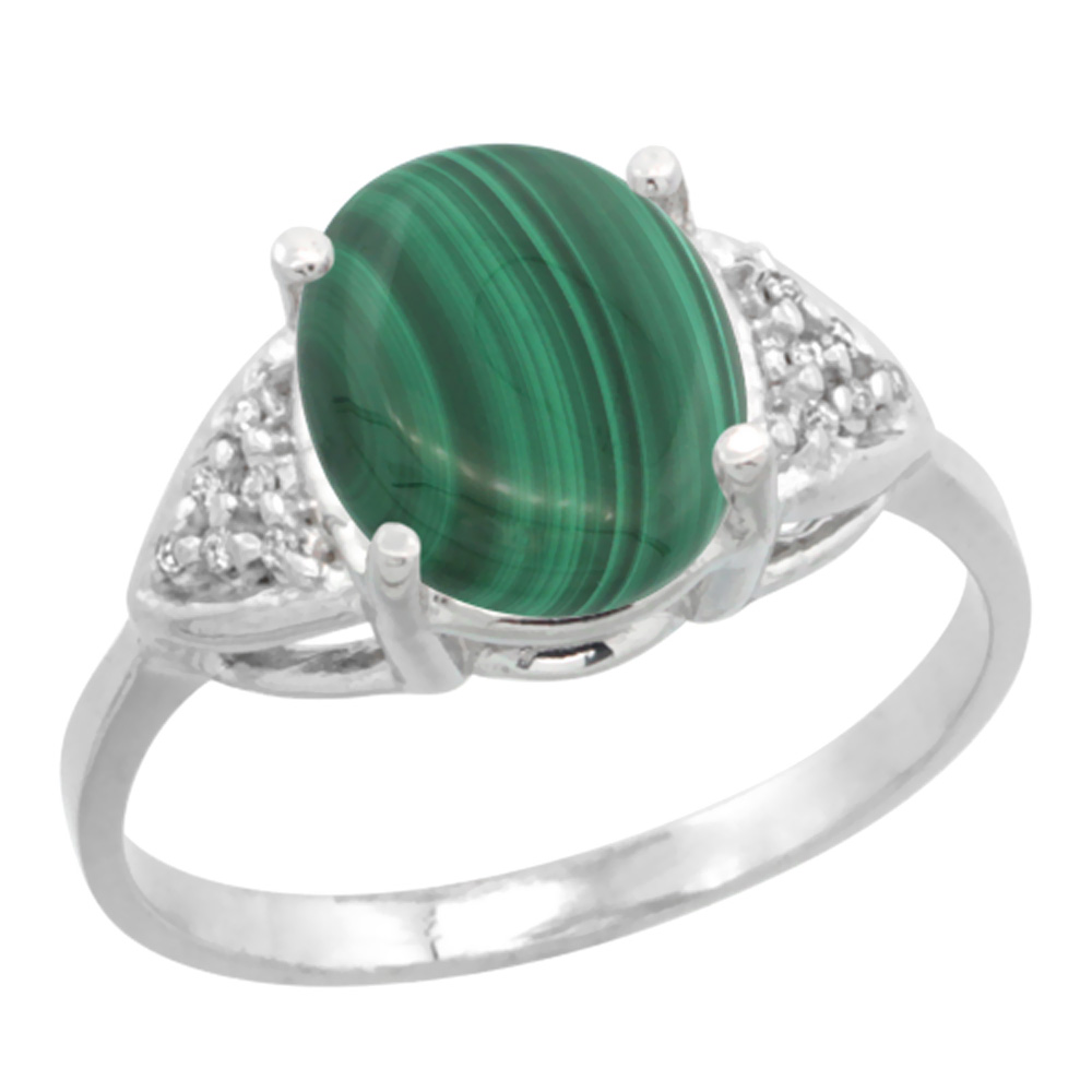 14k White Gold Diamond Natural Malachite Engagement Ring Oval 10x8mm, sizes 5-10