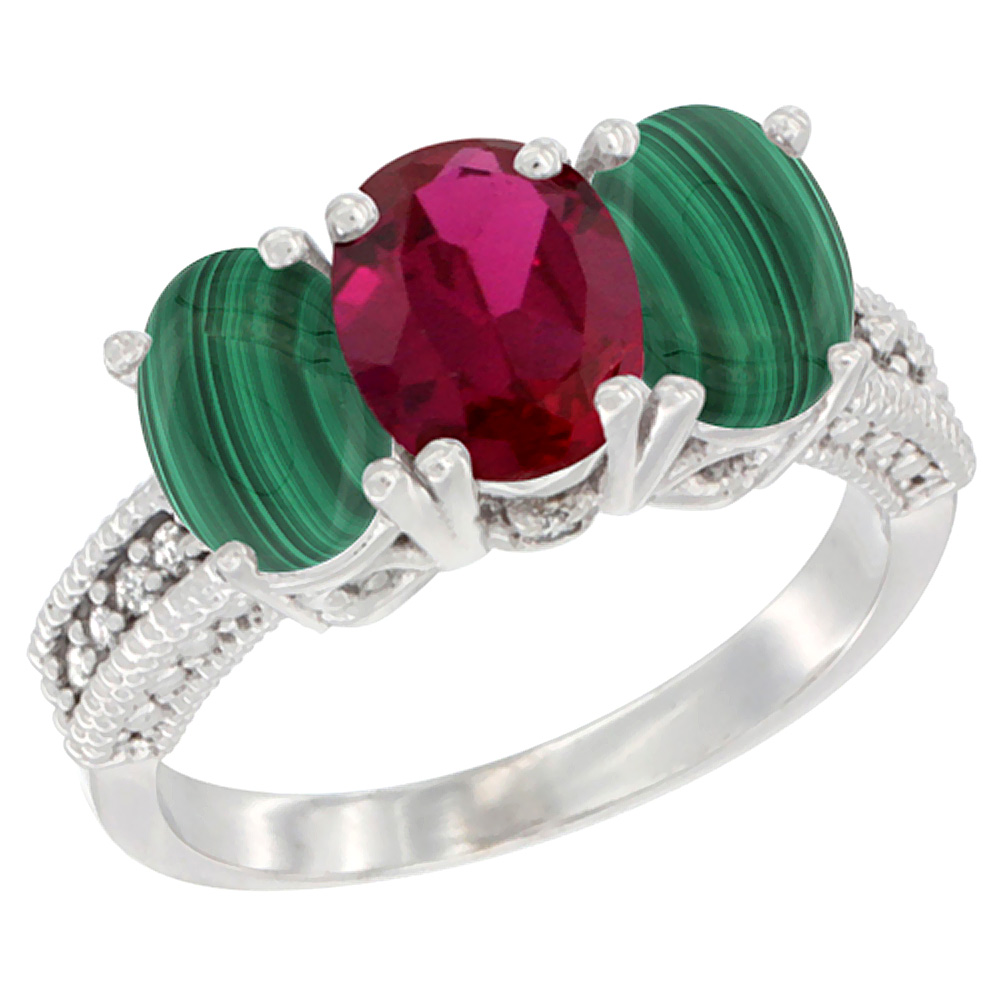 10K White Gold Diamond Enhanced Ruby & Natural Malachite Ring 3-Stone 7x5 mm Oval, sizes 5 - 10