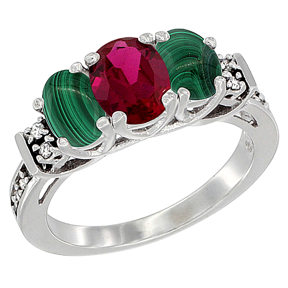 14K White Gold Enhanced Ruby &amp; Natural Malachite Ring 3-Stone Oval Diamond Accent, sizes 5-10