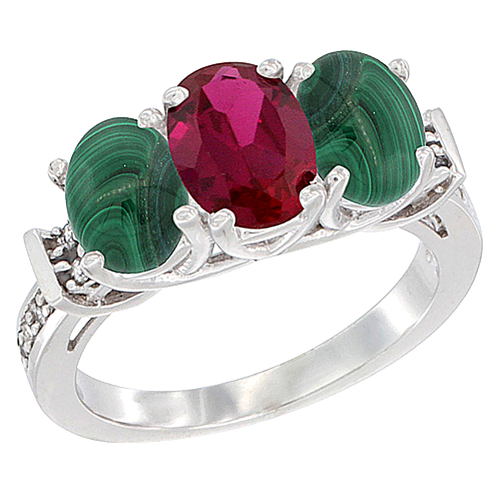 10K White Gold Enhanced Ruby & Malachite Sides Ring 3-Stone Oval Diamond Accent, sizes 5 - 10