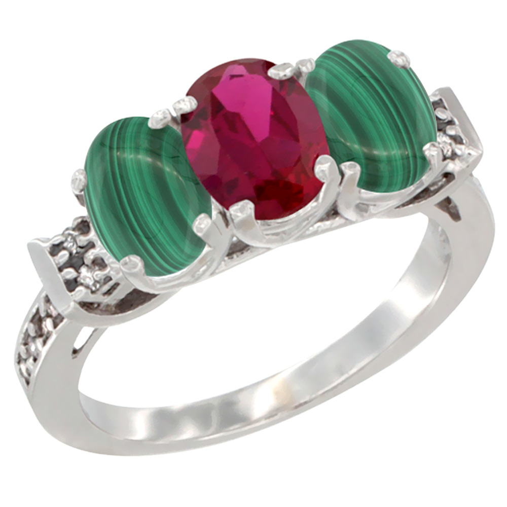 14K White Gold Enhanced Ruby & Natural Malachite Ring 3-Stone 7x5 mm Oval Diamond Accent, sizes 5 - 10