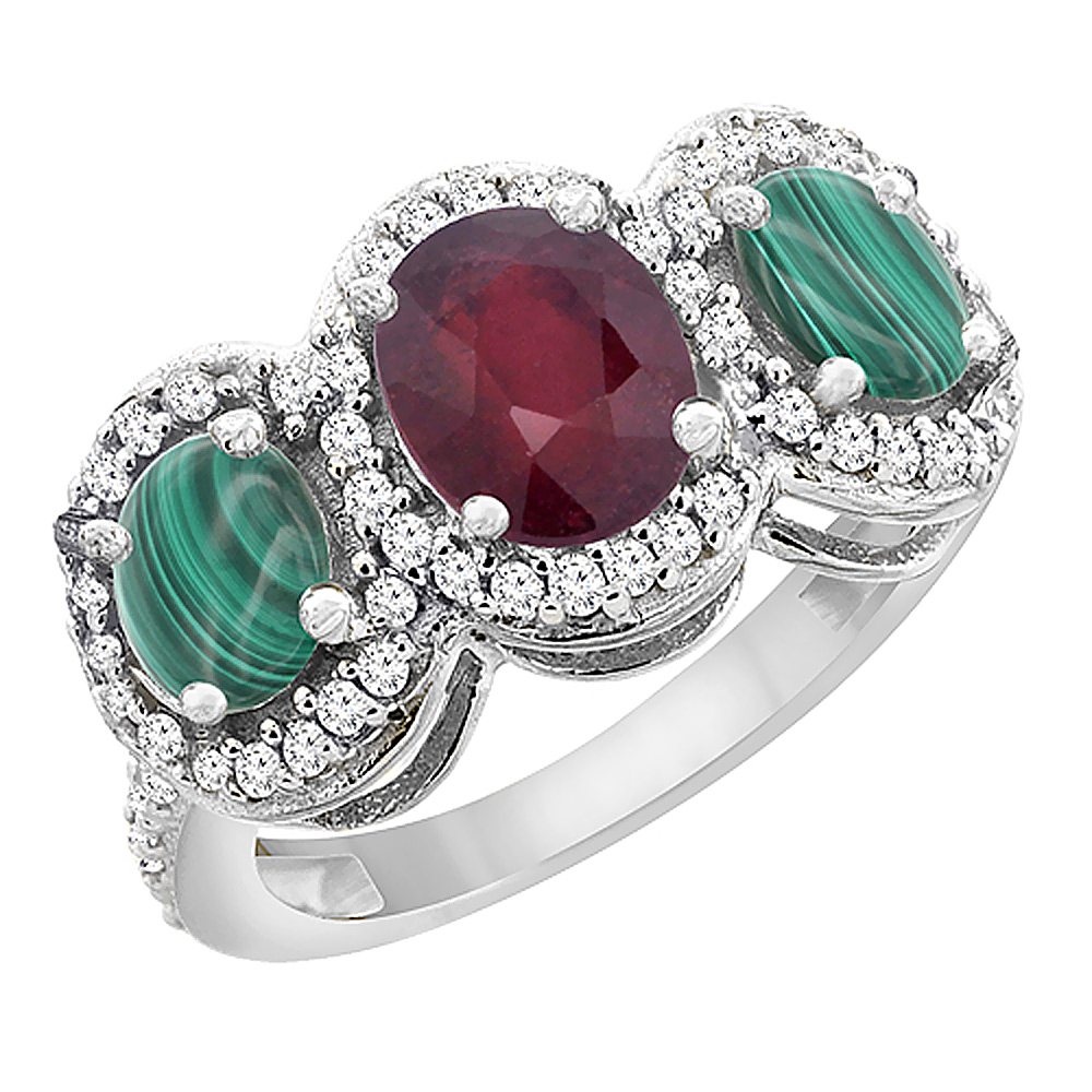 14K White Gold Enhanced Ruby & Malachite 3-Stone Ring Oval Diamond Accent, sizes 5 - 10