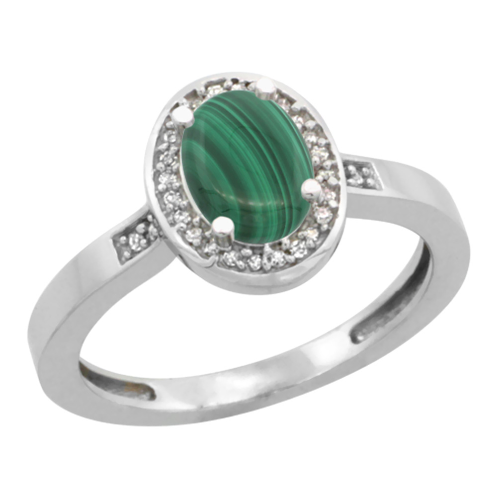 14K White Gold Diamond Natural Malachite Engagement Ring Oval 7x5mm, sizes 5-10