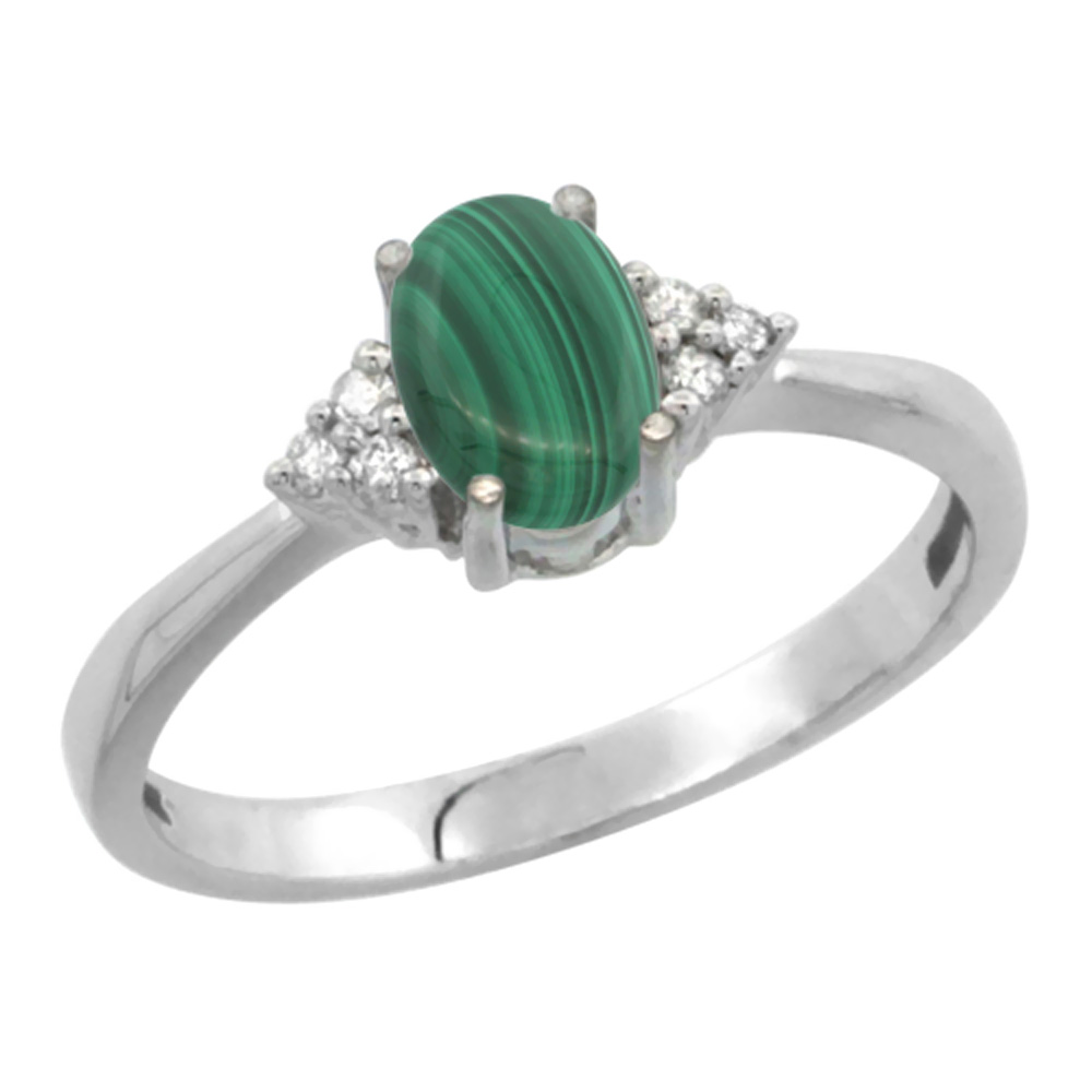 14K White Gold Diamond Natural Malachite Engagement Ring Oval 7x5mm, sizes 5-10