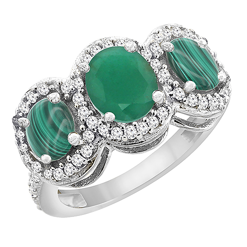 14K White Gold Natural Cabochon Emerald & Malachite 3-Stone Ring Oval Diamond Accent, sizes 5 - 10