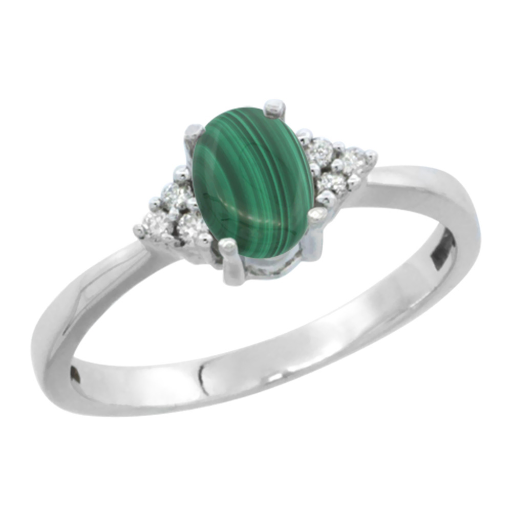 14K White Gold Natural Malachite Ring Oval 6x4mm Diamond Accent, sizes 5-10