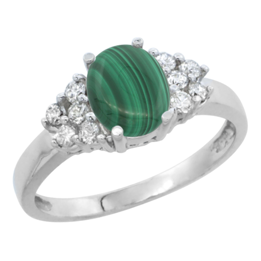 14K White Gold Natural Malachite Ring Oval 8x6mm Diamond Accent, sizes 5-10