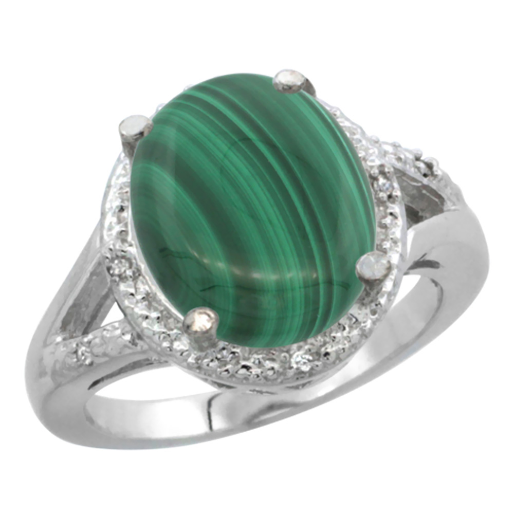 14K White Gold Natural Malachite Ring Oval 12x10mm Diamond Accent, sizes 5-10