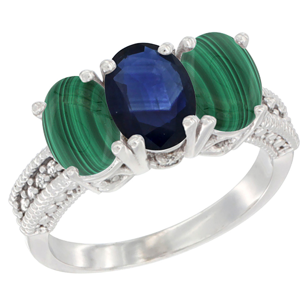 10K White Gold Diamond Natural Blue Sapphire &amp; Malachite Ring 3-Stone 7x5 mm Oval, sizes 5 - 10