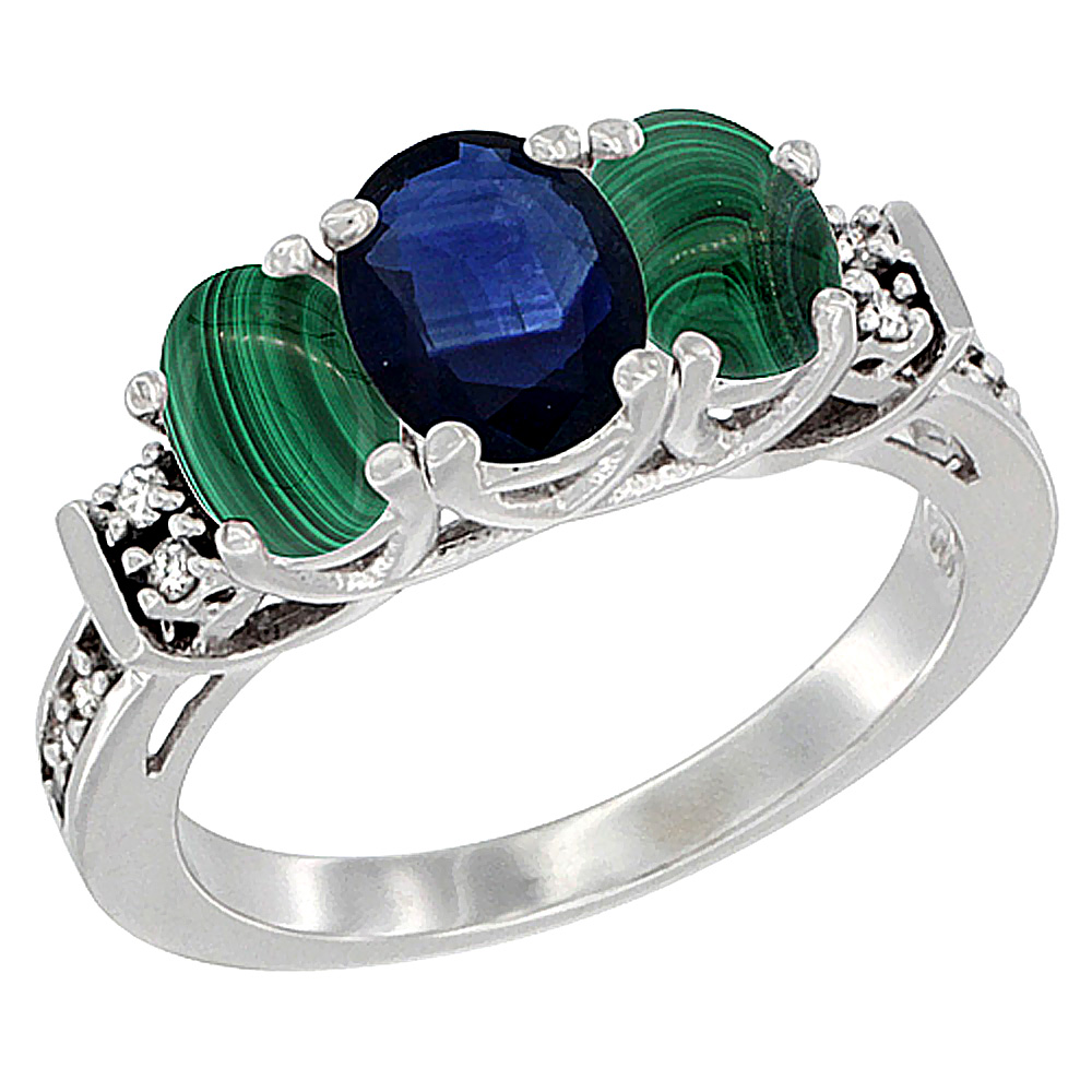 14K White Gold Natural Blue Sapphire &amp; Malachite Ring 3-Stone Oval Diamond Accent, sizes 5-10