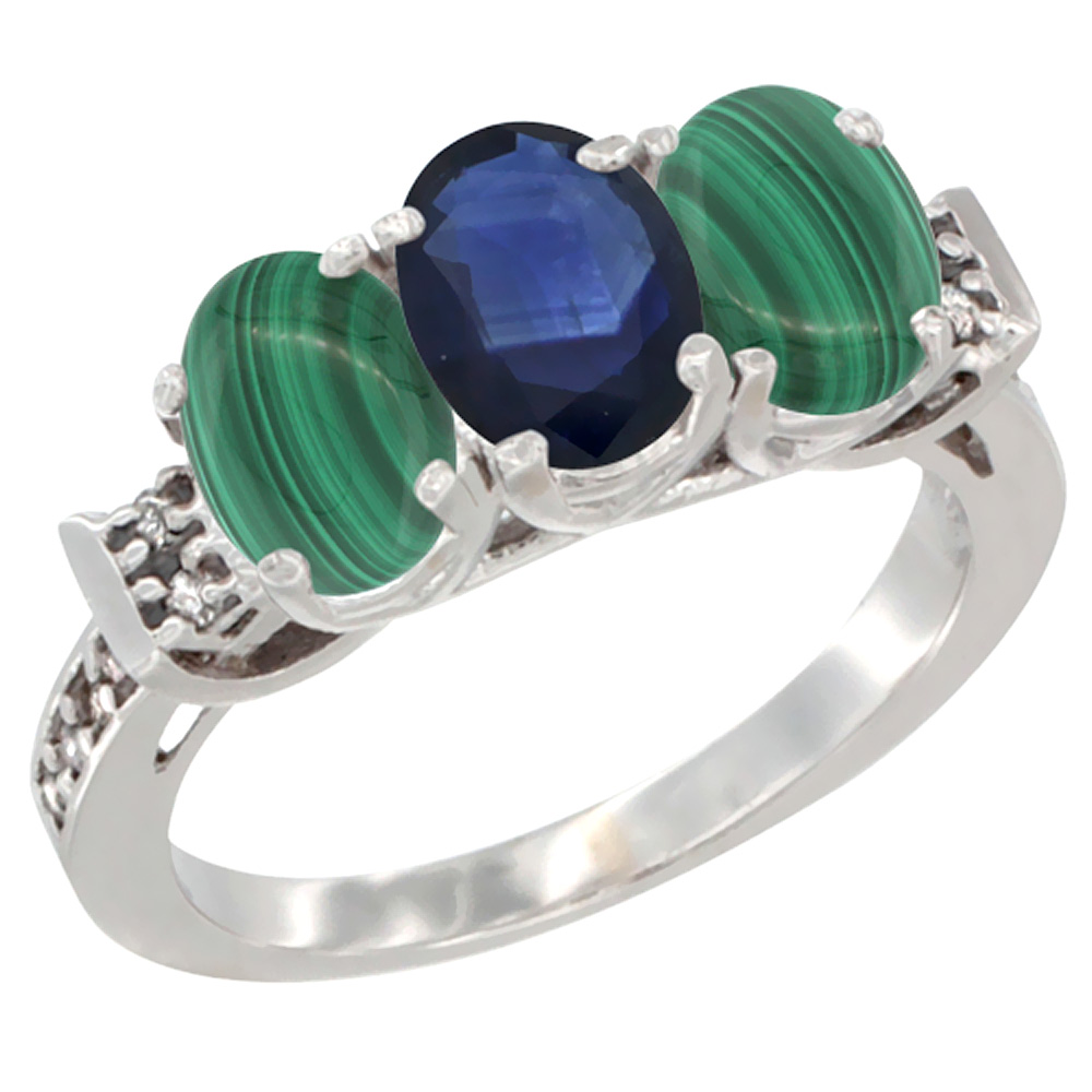 14K White Gold Natural Blue Sapphire &amp; Malachite Ring 3-Stone 7x5 mm Oval Diamond Accent, sizes 5 - 10