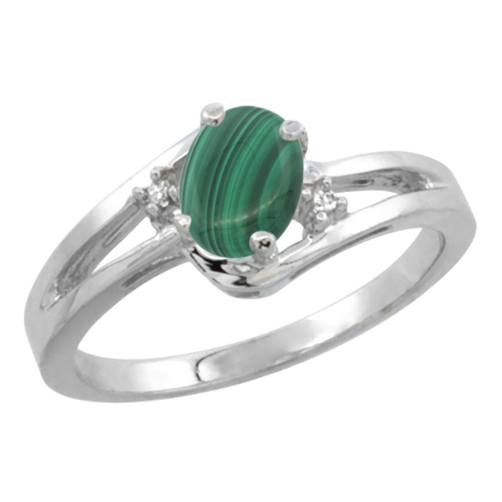 14K White Gold Diamond Natural Malachite Ring Oval 6x4 mm, sizes 5-10