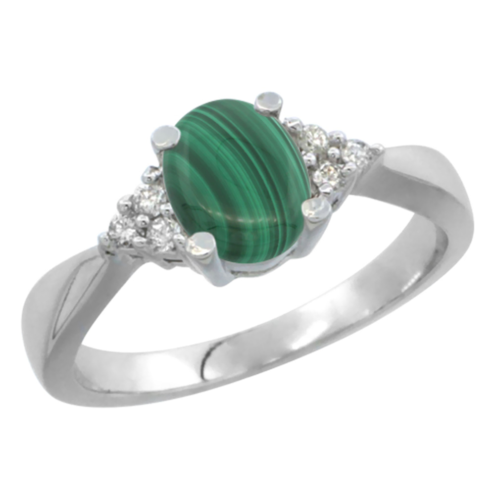 14K White Gold Diamond Natural Malachite Engagement Ring Oval 7x5mm, sizes 5-10